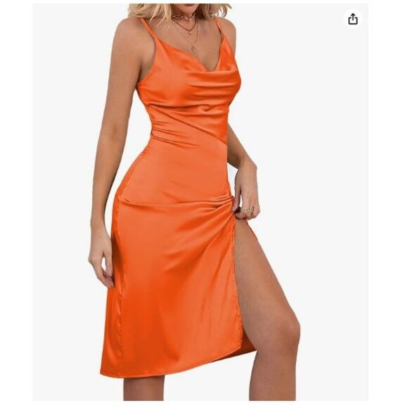 Women's Satin Sleeveless Dress X-Large Sexy Cowl Neck Strappy Orange - Picture 4 of 7
